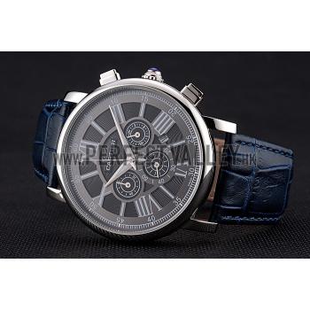 Replica Cartier Rotonde Chronograph Black Dial Stainless Steel Case Blue Leather Strap