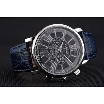 Replica Cartier Rotonde Chronograph Black Dial Stainless Steel Case Blue Leather Strap