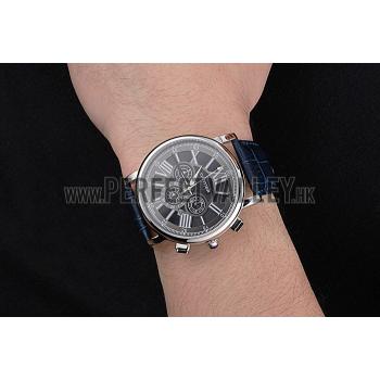 Replica Cartier Rotonde Chronograph Black Dial Stainless Steel Case Blue Leather Strap