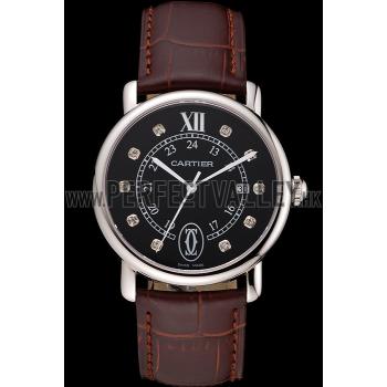 Cheap Cartier Ronde Solo Black Dial Diamond Hour Marks Stainless Steel Case Brown Leather Strap