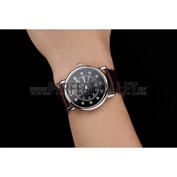 Cheap Cartier Ronde Solo Black Dial Diamond Hour Marks Stainless Steel Case Brown Leather Strap