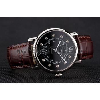 Cheap Cartier Ronde Solo Black Dial Diamond Hour Marks Stainless Steel Case Brown Leather Strap