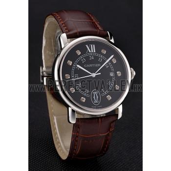 Cheap Cartier Ronde Solo Black Dial Diamond Hour Marks Stainless Steel Case Brown Leather Strap