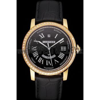 Swiss Cartier Rotonde Annual Calendar Black Dial Diamond Bezel Gold Case Black Leather Strap