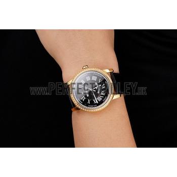 Swiss Cartier Rotonde Annual Calendar Black Dial Diamond Bezel Gold Case Black Leather Strap