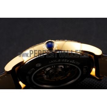 Swiss Cartier Rotonde Annual Calendar Black Dial Diamond Bezel Gold Case Black Leather Strap