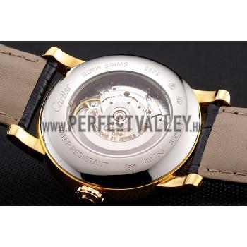 Swiss Cartier Rotonde Annual Calendar Black Dial Diamond Bezel Gold Case Black Leather Strap