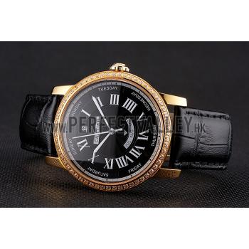 Swiss Cartier Rotonde Annual Calendar Black Dial Diamond Bezel Gold Case Black Leather Strap