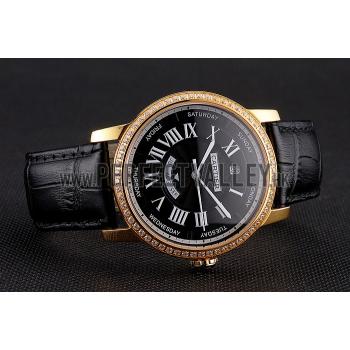 Swiss Cartier Rotonde Annual Calendar Black Dial Diamond Bezel Gold Case Black Leather Strap