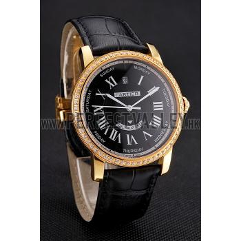 Swiss Cartier Rotonde Annual Calendar Black Dial Diamond Bezel Gold Case Black Leather Strap