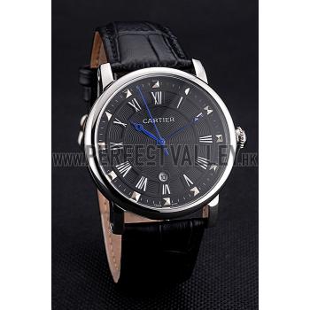 Cartier Rotonde Date Black Dial Stainless Steel Case Black Leather Strap