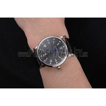 Cartier Rotonde Date Black Dial Stainless Steel Case Black Leather Strap