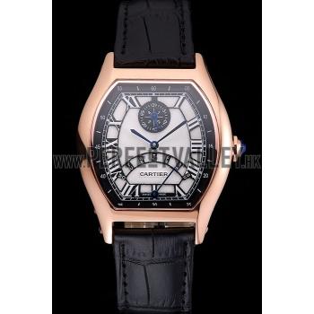 Cartier Tortue Perpetual Calendar White Dial Gold Case Black Leather Strap