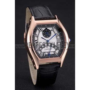 Cartier Tortue Perpetual Calendar White Dial Gold Case Black Leather Strap