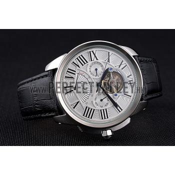 Cartier Calibre Tourbillon White Dial Stainless Steel Case Black Leather Strap  622751