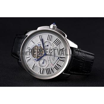 Cartier Calibre Tourbillon White Dial Stainless Steel Case Black Leather Strap  622751