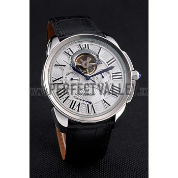 Cartier Calibre Tourbillon White Dial Stainless Steel Case Black Leather Strap  622751