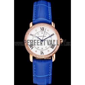 Replica Cartier Ronde White Dial Diamond Bezel Rose Gold Case Blue Leather Strap