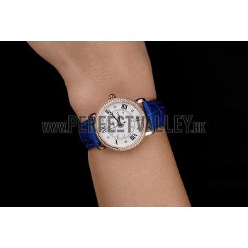 Replica Cartier Ronde White Dial Diamond Bezel Rose Gold Case Blue Leather Strap