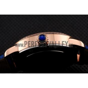 Replica Cartier Ronde White Dial Diamond Bezel Rose Gold Case Blue Leather Strap