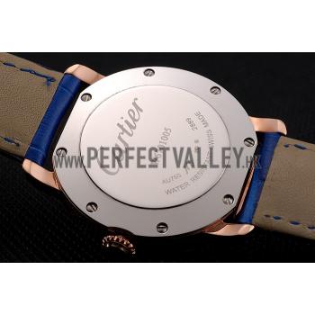 Replica Cartier Ronde White Dial Diamond Bezel Rose Gold Case Blue Leather Strap