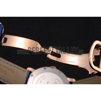 Replica Cartier Ronde White Dial Diamond Bezel Rose Gold Case Blue Leather Strap