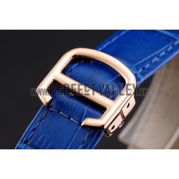 Replica Cartier Ronde White Dial Diamond Bezel Rose Gold Case Blue Leather Strap