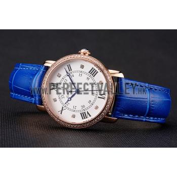 Replica Cartier Ronde White Dial Diamond Bezel Rose Gold Case Blue Leather Strap