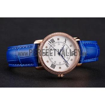 Replica Cartier Ronde White Dial Diamond Bezel Rose Gold Case Blue Leather Strap