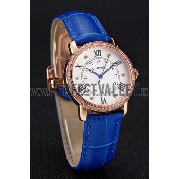 Replica Cartier Ronde White Dial Diamond Bezel Rose Gold Case Blue Leather Strap