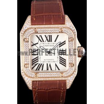 Swiss Cartier Santos Rose Gold Bezel with Diamonds and Brown Leather Strap sct46  621530