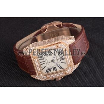 Swiss Cartier Santos Rose Gold Bezel with Diamonds and Brown Leather Strap sct46  621530