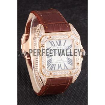 Swiss Cartier Santos Rose Gold Bezel with Diamonds and Brown Leather Strap sct46  621530