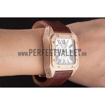 Swiss Cartier Santos Rose Gold Bezel with Diamonds and Brown Leather Strap sct46  621530