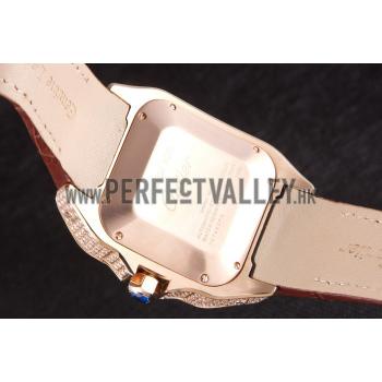 Swiss Cartier Santos Rose Gold Bezel with Diamonds and Brown Leather Strap sct46  621530