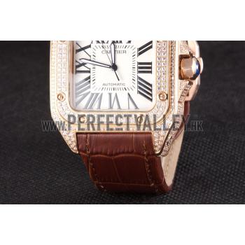 Swiss Cartier Santos Rose Gold Bezel with Diamonds and Brown Leather Strap sct46  621530