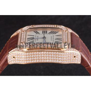 Swiss Cartier Santos Rose Gold Bezel with Diamonds and Brown Leather Strap sct46  621530