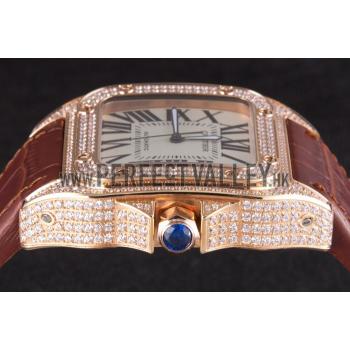 Swiss Cartier Santos Rose Gold Bezel with Diamonds and Brown Leather Strap sct46  621530