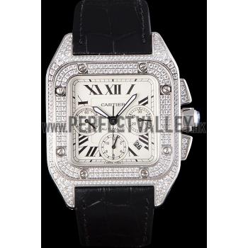 Replica Swiss Cartier Santos Silver Bezel with Diamonds and Black Leather Strap sct44  621528