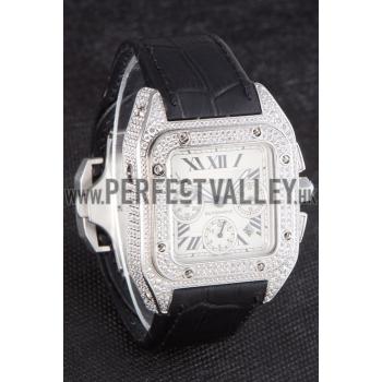 Replica Swiss Cartier Santos Silver Bezel with Diamonds and Black Leather Strap sct44  621528