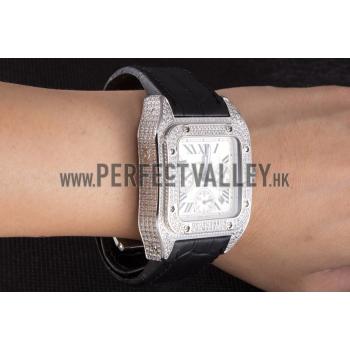 Replica Swiss Cartier Santos Silver Bezel with Diamonds and Black Leather Strap sct44  621528