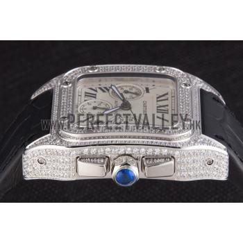 Replica Swiss Cartier Santos Silver Bezel with Diamonds and Black Leather Strap sct44  621528