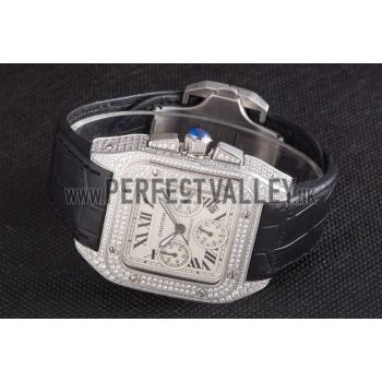 Replica Swiss Cartier Santos Silver Bezel with Diamonds and Black Leather Strap sct44  621528