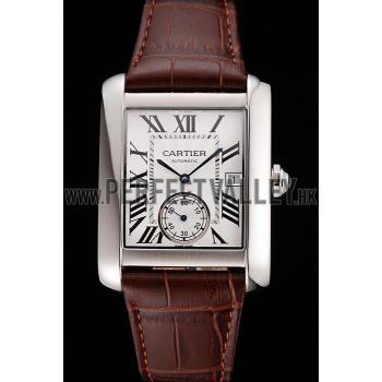 Swiss Cartier Tank MC White Dial Stainless Steel Case Brown Leather Strap