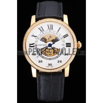 Swiss Cartier Rotonde Small Complication White Dial Gold Diamond Case Black Leather Strap