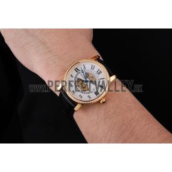 Swiss Cartier Rotonde Small Complication White Dial Gold Diamond Case Black Leather Strap