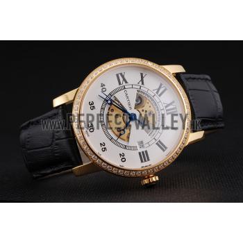 Swiss Cartier Rotonde Small Complication White Dial Gold Diamond Case Black Leather Strap