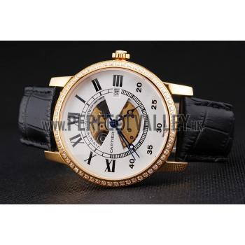 Swiss Cartier Rotonde Small Complication White Dial Gold Diamond Case Black Leather Strap