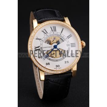 Swiss Cartier Rotonde Small Complication White Dial Gold Diamond Case Black Leather Strap