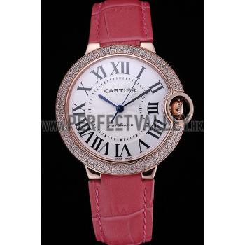 Swiss Cartier Ballon Bleu de Cartier White Dial Diamonds Case Pink Leather Bracelet  622553 Replica